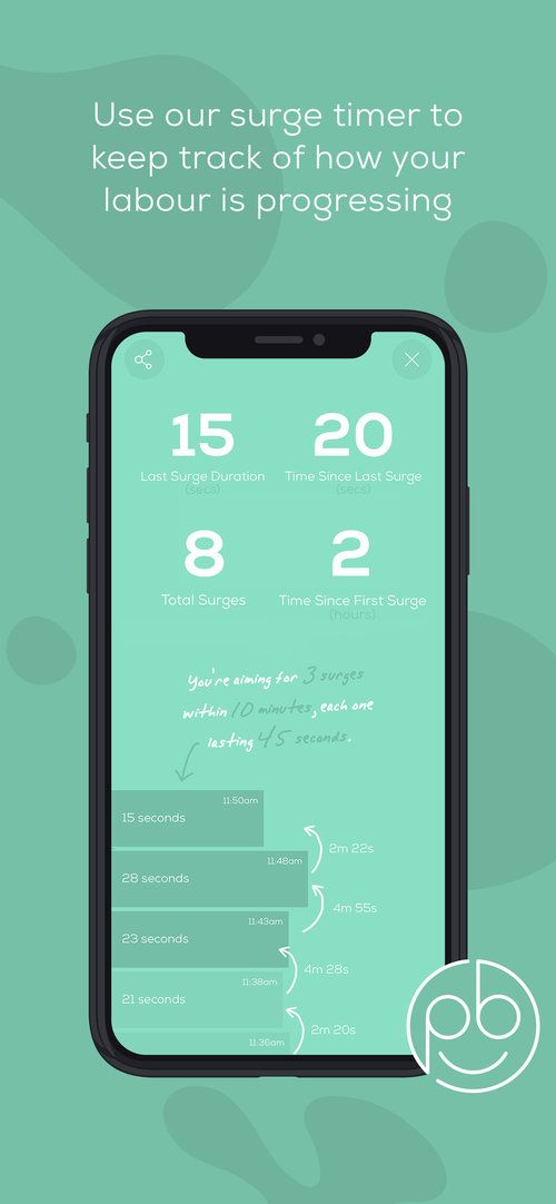 Freya app screenshot: 'Use our surge timer to keep track of how your labour is progressing.'